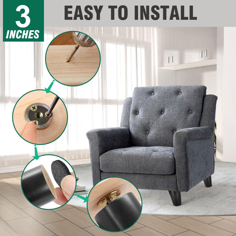 FoDau770 Black Rubber Wood Furniture Legs 3 Inches, Slant Tapered Wood Legs Mid Century Sofa Legs Set of 4, 5/16"" UNC Furniture Feet Replacement Legs for Cabinet Sofa Couch Dresser Chair Ottoman Table - Image 4